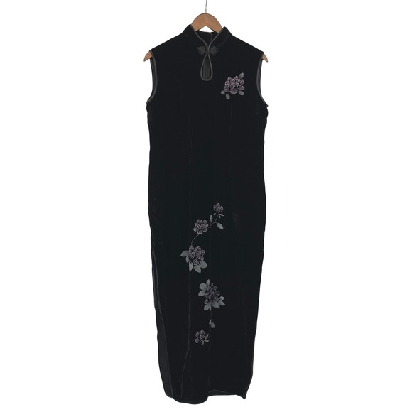 Unbranded Dresses & Skirts - Womens Cheongsam Qipao Floral Velvet Maxi Dress M Black Hand-Painted Silk Blend‎